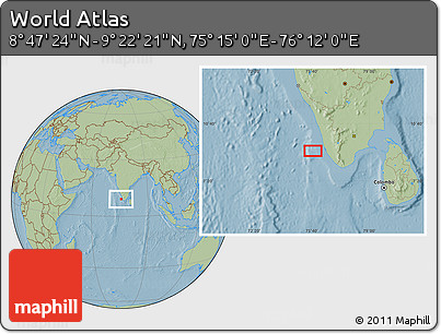 Savanna Style Location Map of the Area around 9° 4' 52" N, 75° 43' 29" E, hill shading