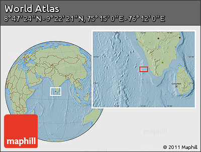 Savanna Style Location Map of the Area around 9° 4' 52" N, 75° 43' 29" E, hill shading