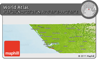 Physical Panoramic Map of the Area around 9° 4' 52" N, 76° 34' 29" E