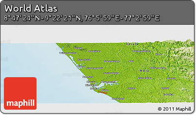Physical Panoramic Map of the Area around 9° 4' 52" N, 76° 34' 29" E
