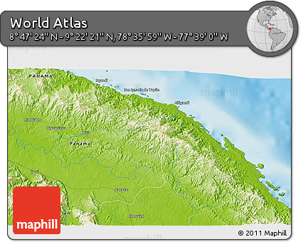 Physical 3D Map of the Area around 9° 4' 52" N, 78° 7' 30" W