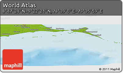 Physical Panoramic Map of the Area around 9° 4' 52" N, 79° 7' 30" E