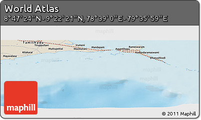 Shaded Relief Panoramic Map of the Area around 9° 4' 52" N, 79° 7' 30" E