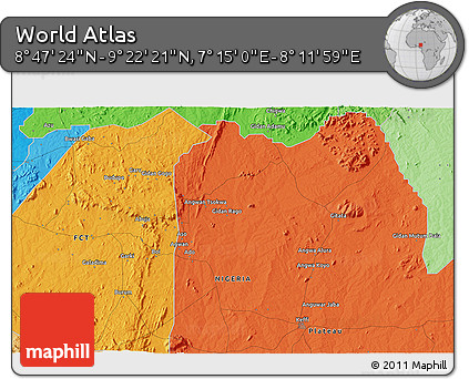 Political 3D Map of the Area around 9° 4' 52" N, 7° 43' 29" E