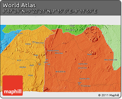 Political 3D Map of the Area around 9° 4' 52" N, 7° 43' 29" E