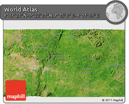 Satellite 3D Map of the Area around 9° 4' 52" N, 7° 43' 29" E