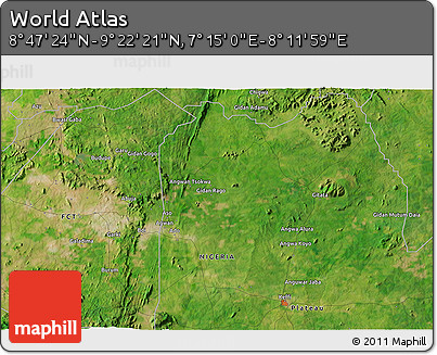 Satellite 3D Map of the Area around 9° 4' 52" N, 7° 43' 29" E