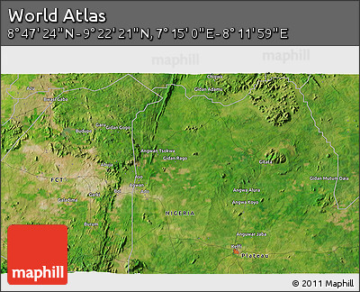 Satellite 3D Map of the Area around 9° 4' 52" N, 7° 43' 29" E