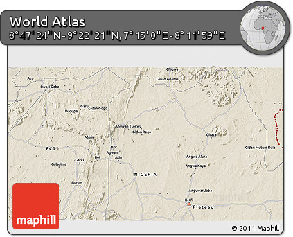 Shaded Relief 3D Map of the Area around 9° 4' 52" N, 7° 43' 29" E