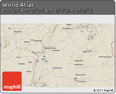 Shaded Relief 3D Map of the Area around 9° 4' 52" N, 7° 43' 29" E
