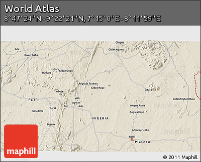 Shaded Relief 3D Map of the Area around 9° 4' 52" N, 7° 43' 29" E