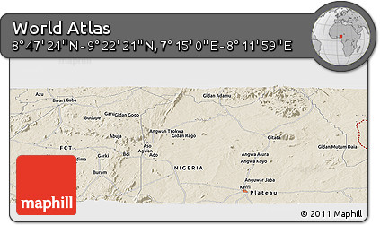 Shaded Relief Panoramic Map of the Area around 9° 4' 52" N, 7° 43' 29" E
