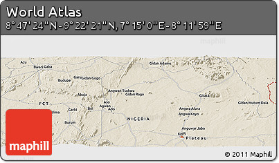 Shaded Relief Panoramic Map of the Area around 9° 4' 52" N, 7° 43' 29" E