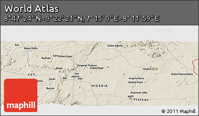 Shaded Relief Panoramic Map of the Area around 9° 4' 52" N, 7° 43' 29" E