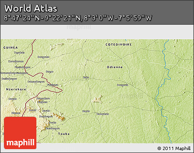 Physical 3D Map of the Area around 9° 4' 52" N, 7° 34' 30" W