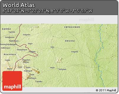Physical 3D Map of the Area around 9° 4' 52" N, 7° 34' 30" W