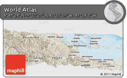 Shaded Relief Panoramic Map of the Area around 9° 4' 52" N, 82° 22' 30" W