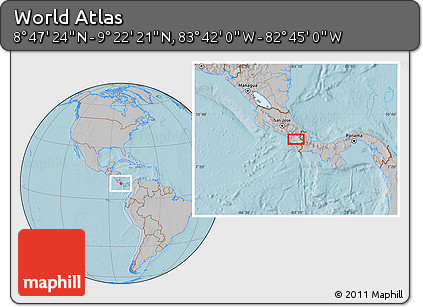 Gray Location Map of the Area around 9° 4' 52" N, 83° 13' 29" W, hill shading