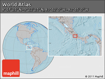 Gray Location Map of the Area around 9° 4' 52" N, 83° 13' 29" W, hill shading