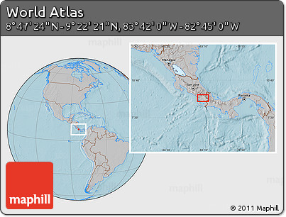 Gray Location Map of the Area around 9° 4' 52" N, 83° 13' 29" W, hill shading