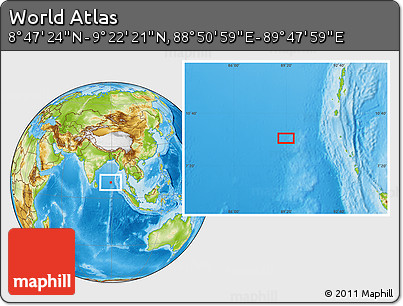 Physical Location Map of the Area around 9° 4' 52" N, 89° 19' 29" E