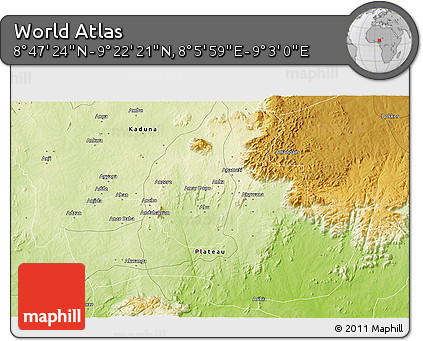 Physical 3D Map of the Area around 9° 4' 52" N, 8° 34' 29" E