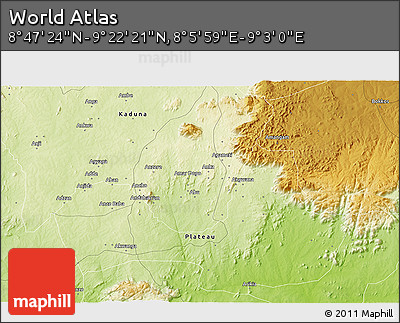 Physical 3D Map of the Area around 9° 4' 52" N, 8° 34' 29" E