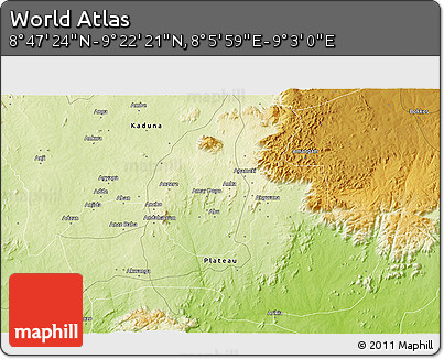 Physical 3D Map of the Area around 9° 4' 52" N, 8° 34' 29" E