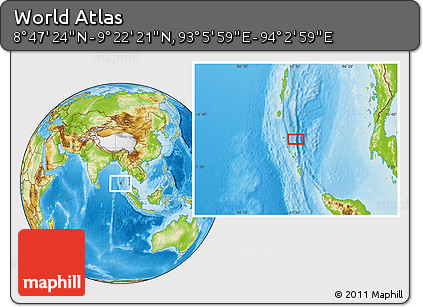 Physical Location Map of the Area around 9° 4' 52" N, 93° 34' 29" E