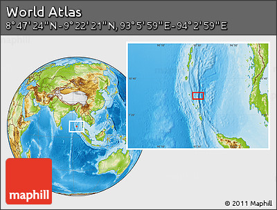 Physical Location Map of the Area around 9° 4' 52" N, 93° 34' 29" E