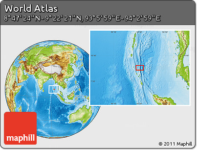 Physical Location Map of the Area around 9° 4' 52" N, 93° 34' 29" E