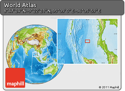 Physical Location Map of the Area around 9° 4' 52" N, 96° 7' 30" E