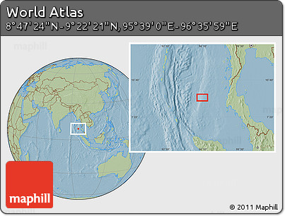 Savanna Style Location Map of the Area around 9° 4' 52" N, 96° 7' 30" E, hill shading