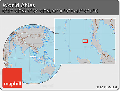 Gray Location Map of the Area around 9° 4' 52" N, 96° 58' 29" E