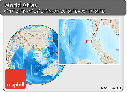 Shaded Relief Location Map of the Area around 9° 4' 52" N, 97° 49' 29" E