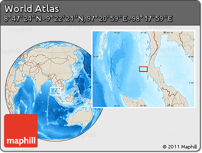 Shaded Relief Location Map of the Area around 9° 4' 52" N, 97° 49' 29" E