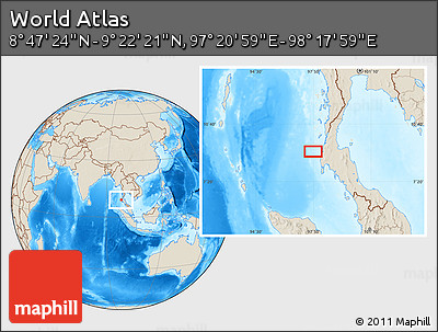 Shaded Relief Location Map of the Area around 9° 4' 52" N, 97° 49' 29" E