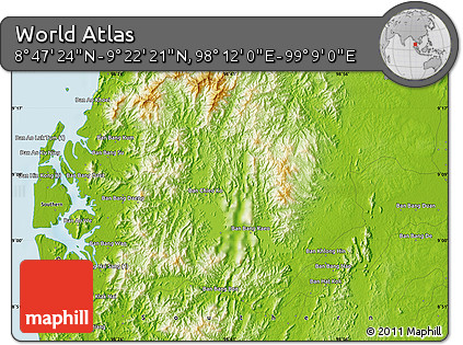 Physical Map of the Area around 9° 4' 52" N, 98° 40' 30" E