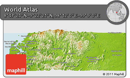 Physical Panoramic Map of the Area around 9° 4' 52" N, 98° 40' 30" E
