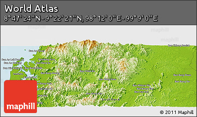 Physical Panoramic Map of the Area around 9° 4' 52" N, 98° 40' 30" E