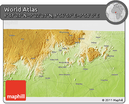 Physical 3D Map of the Area around 9° 4' 52" N, 9° 25' 30" E