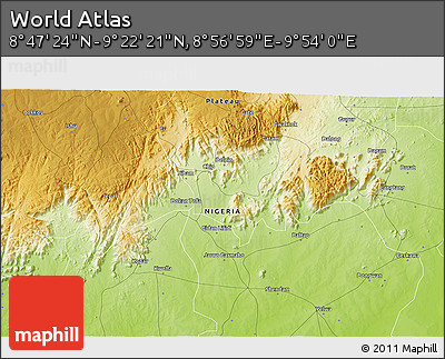 Physical 3D Map of the Area around 9° 4' 52" N, 9° 25' 30" E