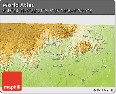 Physical 3D Map of the Area around 9° 4' 52" N, 9° 25' 30" E