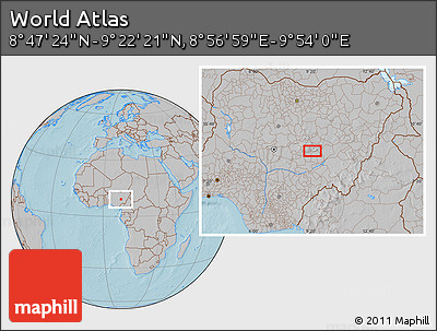 Gray Location Map of the Area around 9° 4' 52" N, 9° 25' 30" E, hill shading