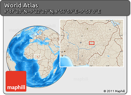 Shaded Relief Location Map of the Area around 9° 4' 52" N, 9° 25' 30" E