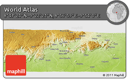 Physical Panoramic Map of the Area around 9° 4' 52" N, 9° 25' 30" E