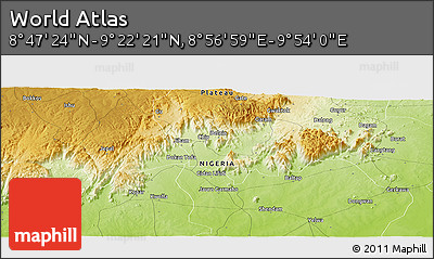 Physical Panoramic Map of the Area around 9° 4' 52" N, 9° 25' 30" E