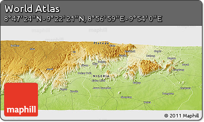 Physical Panoramic Map of the Area around 9° 4' 52" N, 9° 25' 30" E