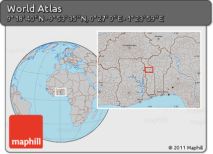 Gray Location Map of the Area around 9° 36' 8" N, 0° 55' 29" E