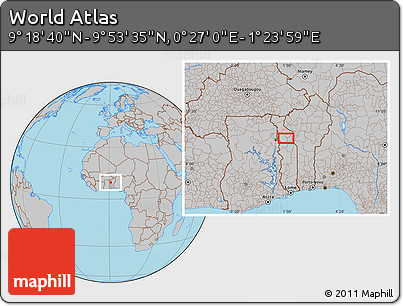 Gray Location Map of the Area around 9° 36' 8" N, 0° 55' 29" E